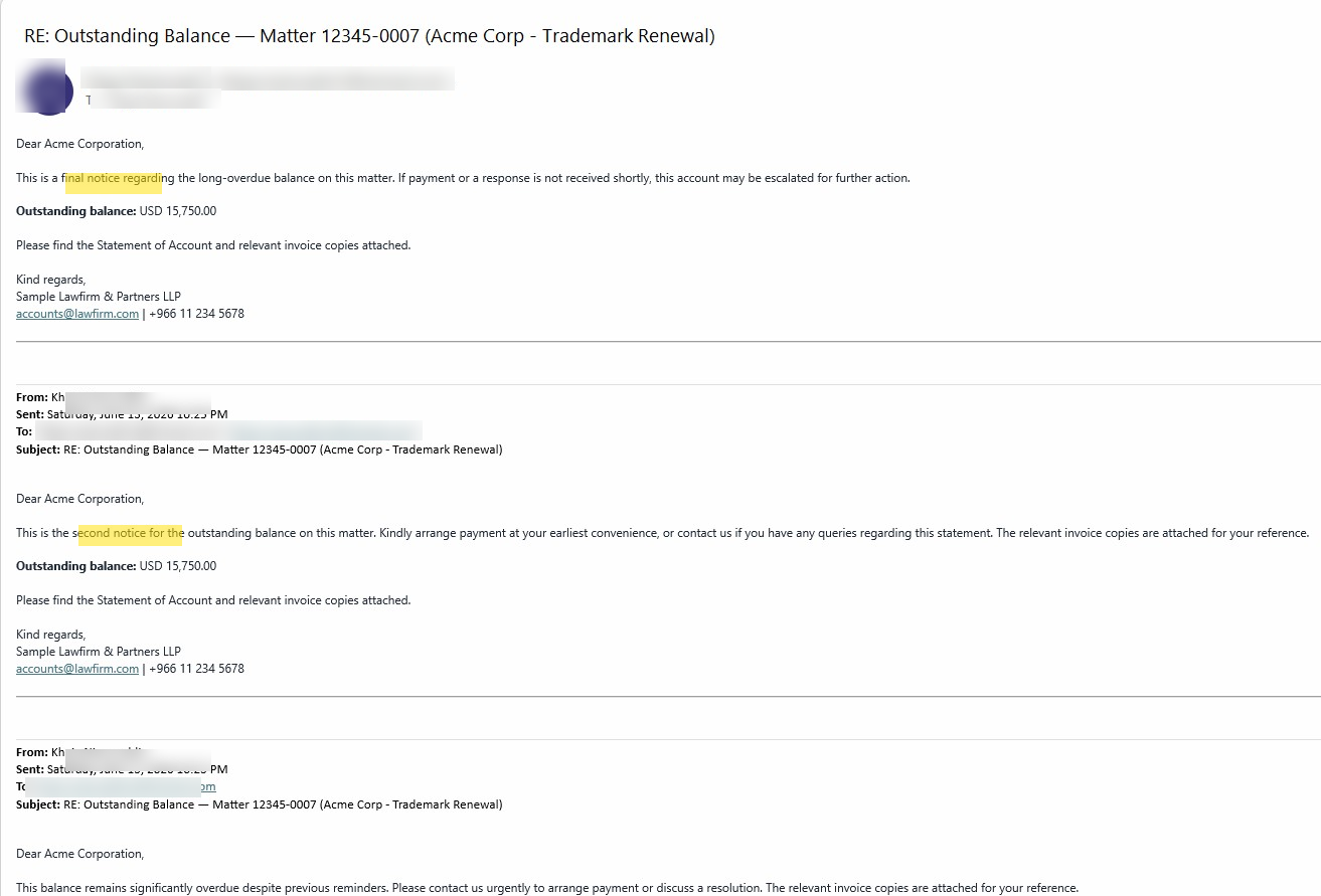 Outlook conversation thread showing first, second and final reminder emails maintained in a single chain