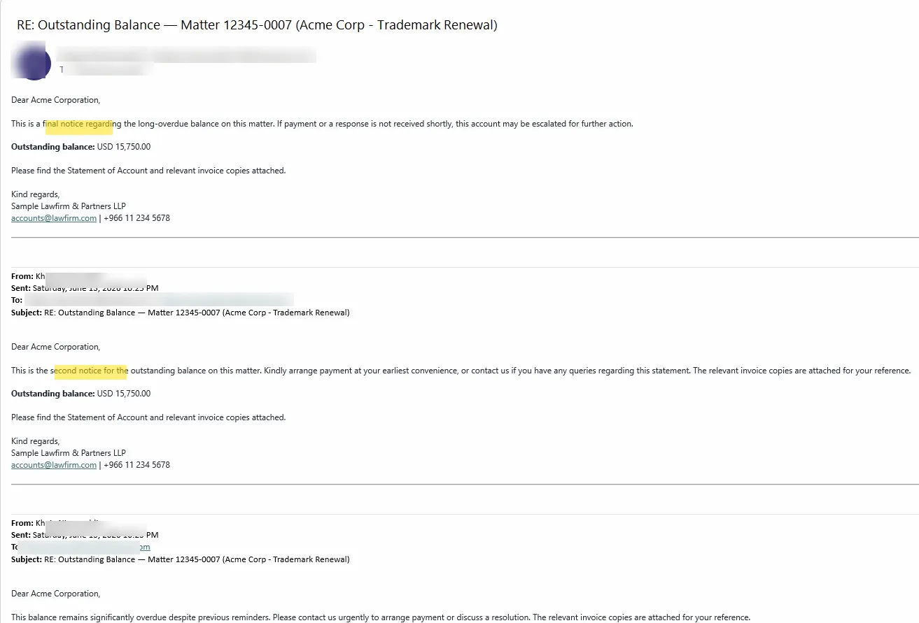 Outlook conversation thread showing first, second and final reminder emails maintained in a single chain