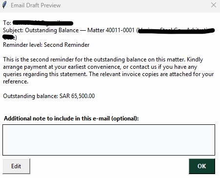 Email draft preview dialog showing the reminder text and an option to add a custom note before sending