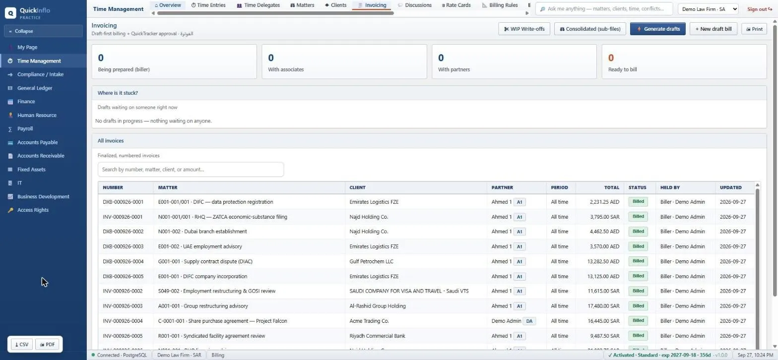 Invoicing & QuickTracker — where each draft is stuck