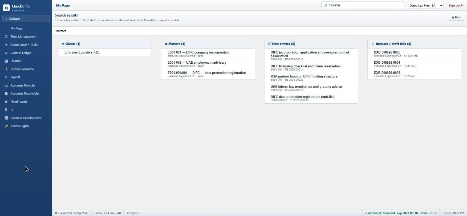 QuickPMS internal search — grouped results across matters, clients and more, with payroll excluded