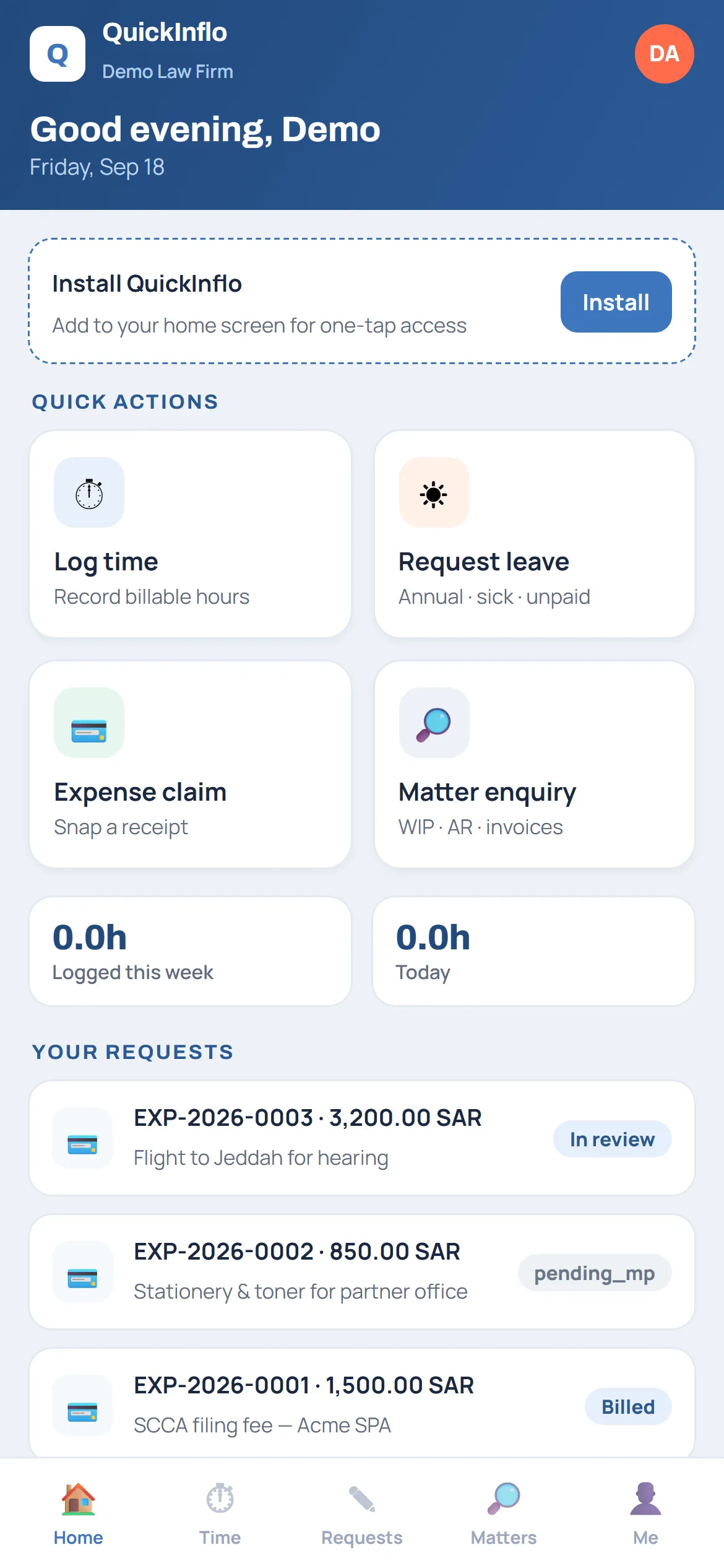 QuickPMS mobile — home