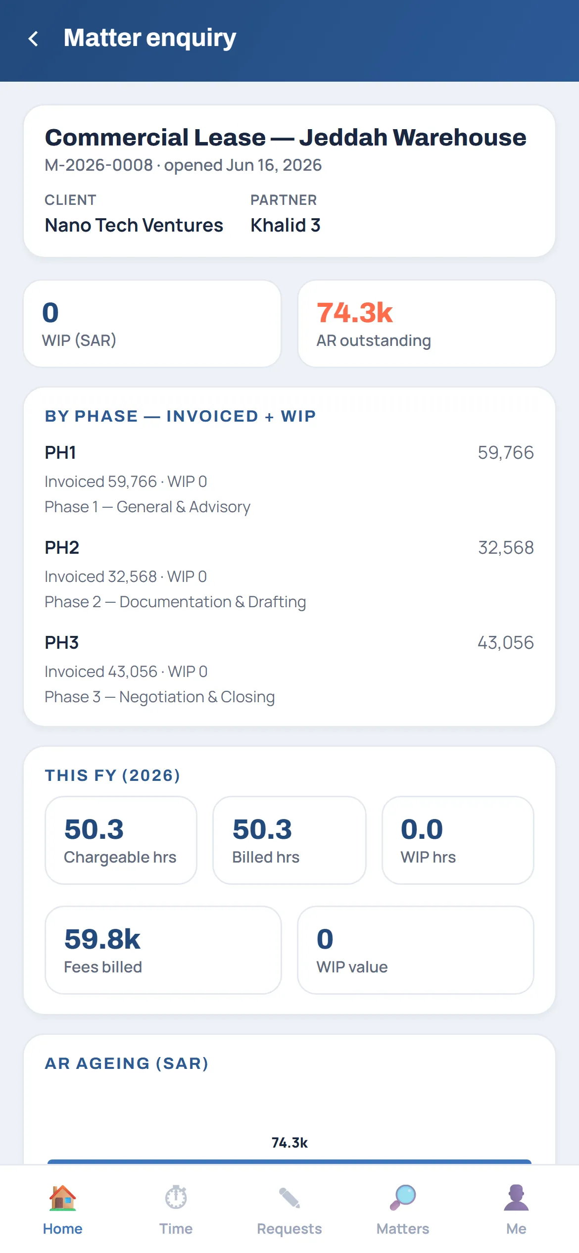 QuickPMS mobile — matter enquiry with phases