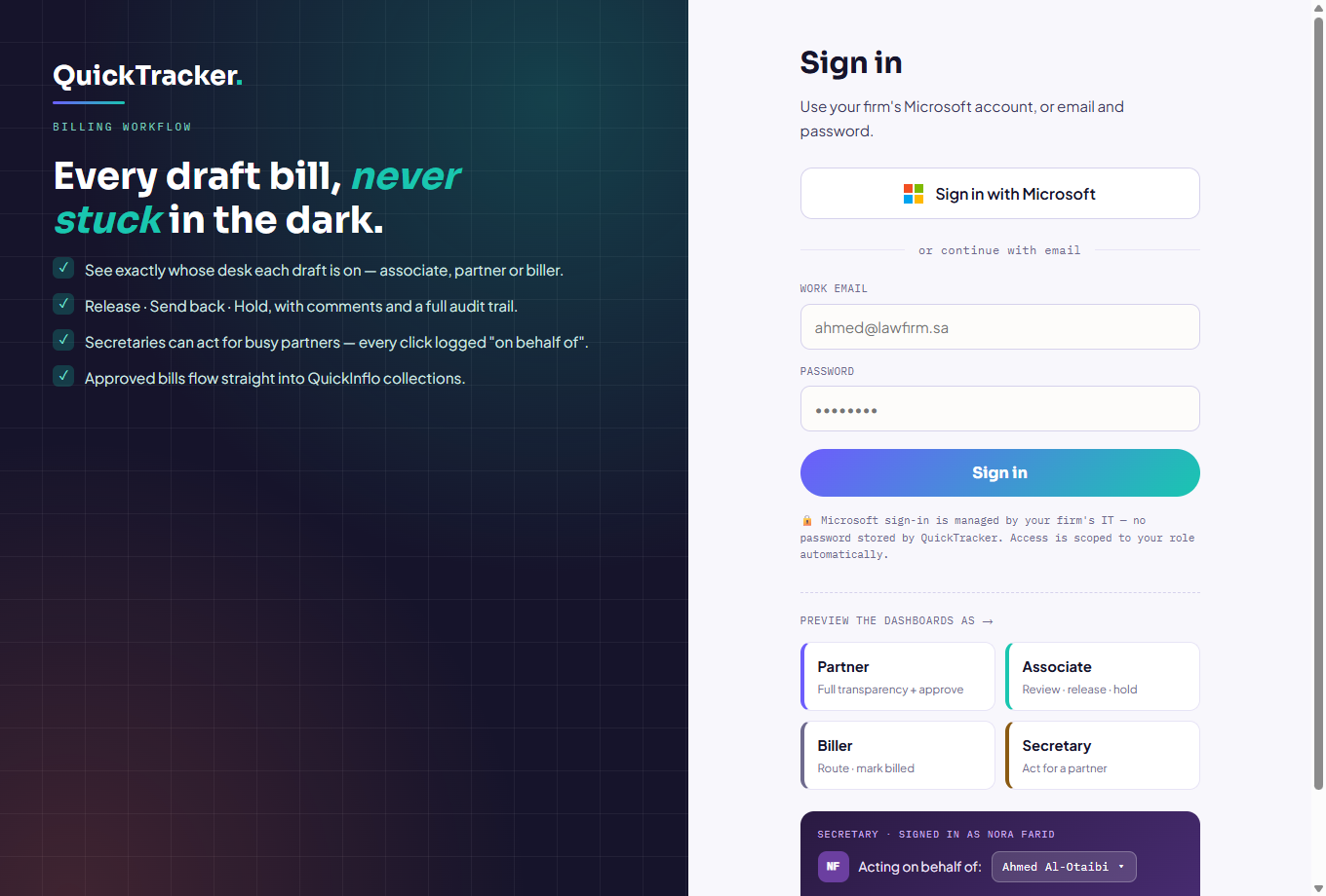 Sign in with Microsoft SSO — no password to remember