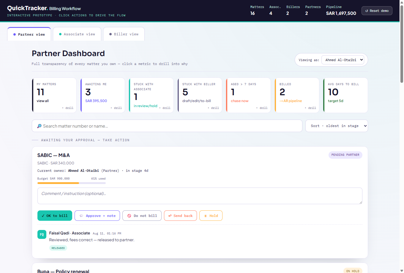 Partner dashboard — where every bill is stuck