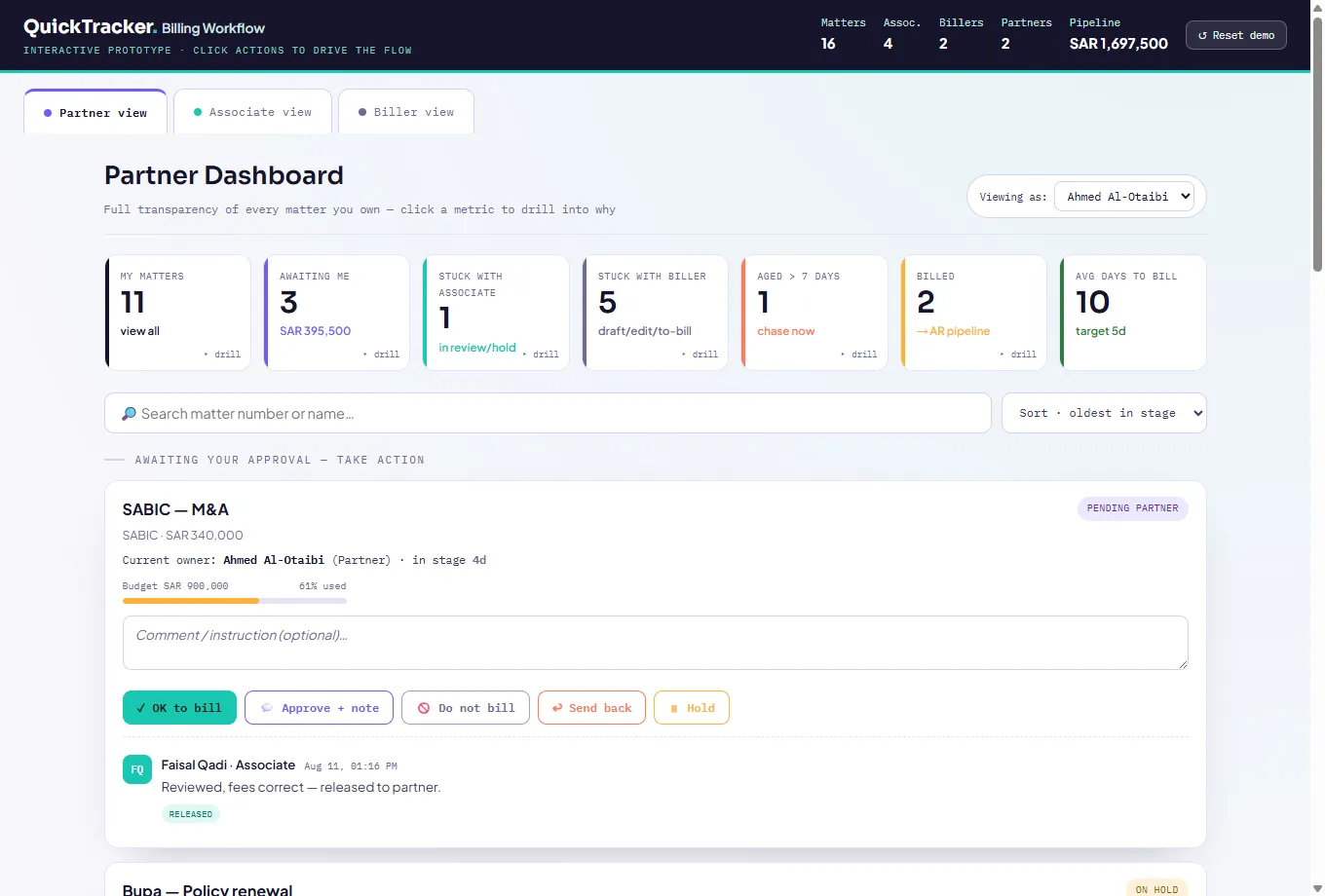 Partner dashboard — where every bill is stuck