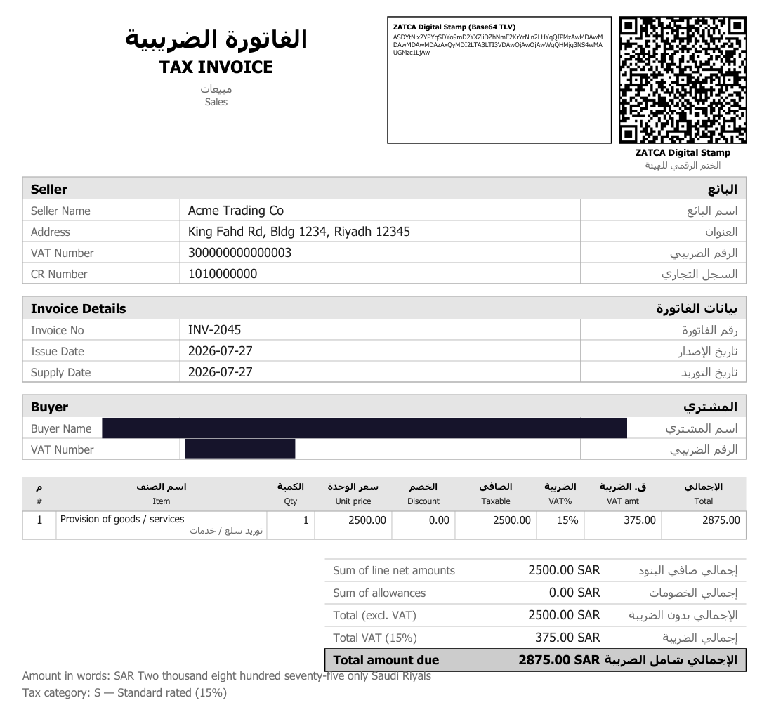 Sample ZATCA-compliant bilingual Tax Invoice with the digital-stamp QR — client name and VAT number redacted
