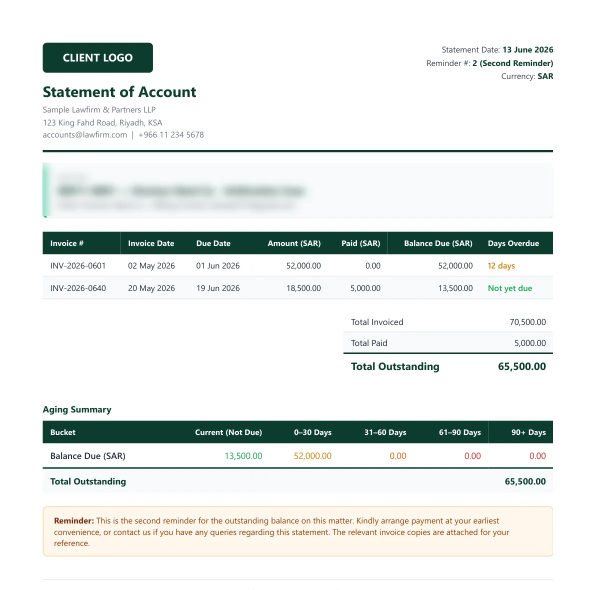 Generated Statement of Account showing invoices, aging summary and outstanding balance